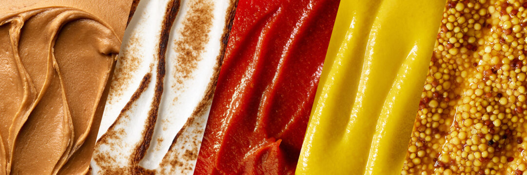 Condiment texture banner with peanut butter jam cream ketchup mustard. Concept of food packaging, recipe layout, sauce branding, restaurant promo and flavor guide.