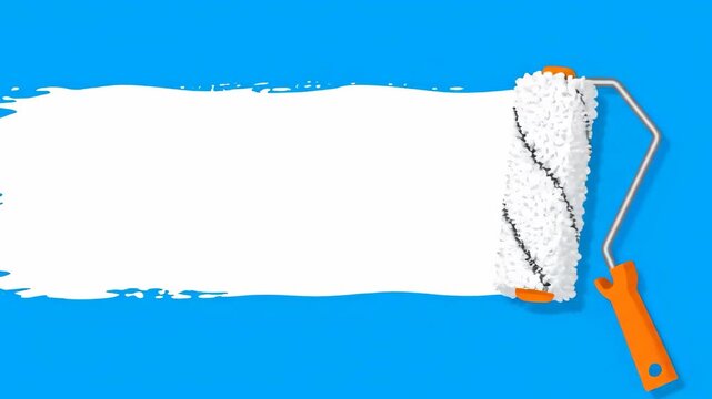 A clean white paint roller leaves a horizontal stroke across a solid cyan-blue screen. This flat 2D vector animation element is designed for text reveals, transitions, and marketing content.