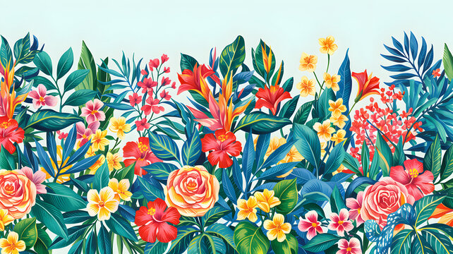 Vibrant tropical foliage and blooming flowers in a colorful seamless pattern with soft pastel sky