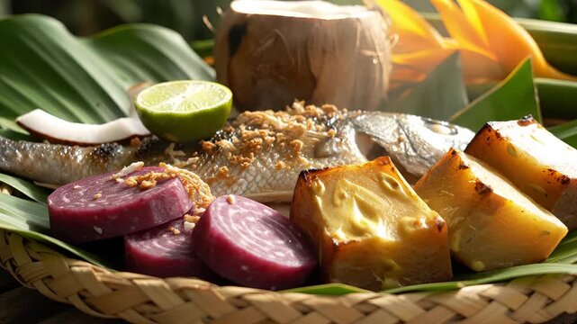 Traditional Polynesian Feast with Grilled Fish and Tropical Fruits.