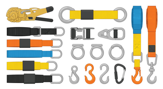 A collection of heavy duty cargo restraint equipment featuring yellow blue and orange webbing straps with metal ratchets and hooks isolated on white surface.