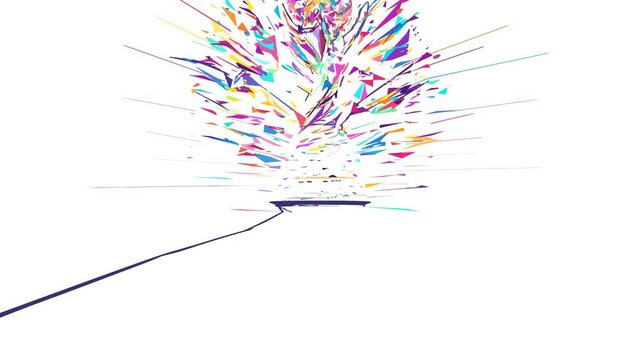Vibrant abstract explosion of digital energy, colorful geometric fragments bursting from a subtle point, symbolizing information flow and creative insight