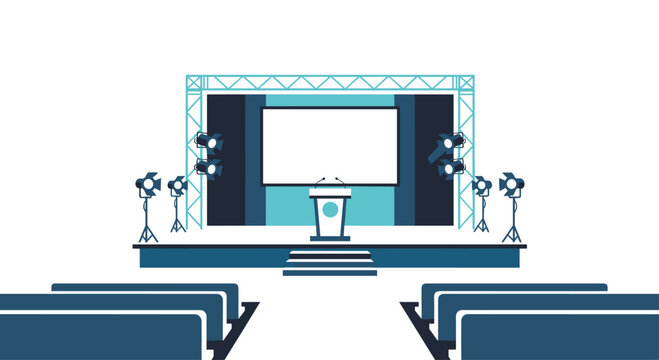 An empty conference stage features a central podium with microphones, overhead spotlight structures, and dark blue audience seating arranged in front of a white background.
