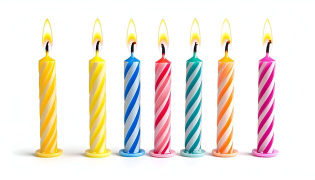 Seven lit spiral-striped colorful birthday candles in a row against white