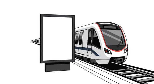 A streamlined modern passenger train approaches a station platform alongside a large blank vertical display board situated in a bright minimalist transit environment.