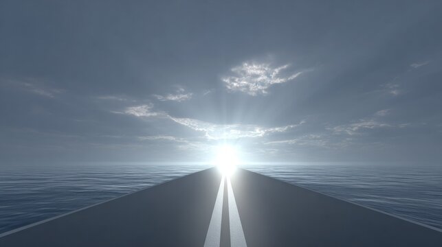 Straight road stretches toward brilliant light over vast ocean under cloudy sky