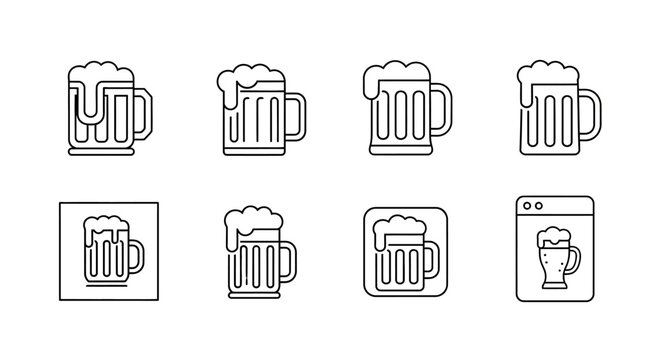 Set of minimalist beer mug line icons for pub and brewery branding
