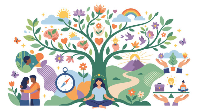 A central tree of life illustration incorporates various symbols of personal growth and mental wellbeing against a light backdrop featuring soft muted tones and gentle colors.