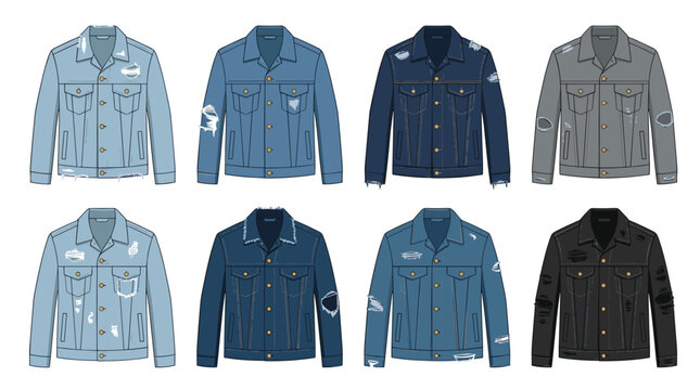 Eight individual denim jackets with varying washes and distressed textures are displayed in a structured grid pattern against a clean white background in a flat fashion style.