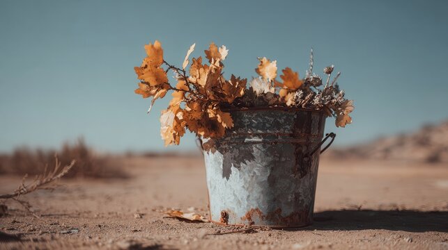 Rustic galvanized metal bucket filled with dry autumn leaves outdoors on sandy ground