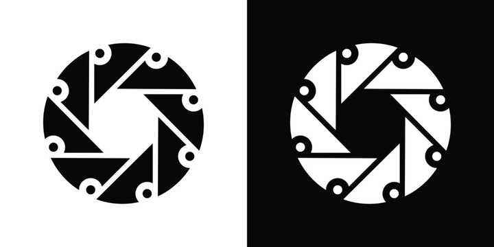 Black and white camera shutter on contrasting backgrounds symbol mechanical