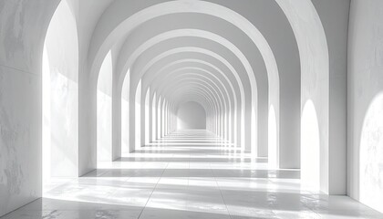 Obraz premium Long white corridor with arched ceilings.