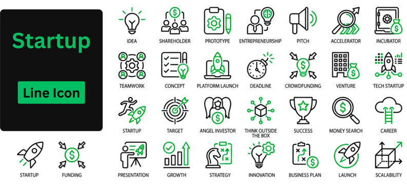 Line art vector of Startup icon set. Startup outline icon set. Business Startup and Entrepreneurship icon set. Includes symbols for Rocket Launch, Pitch Deck, Seed Funding, and Unicorn. 