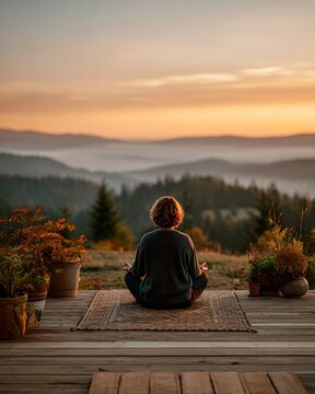 A person is meditating peacefully in nature with a serene sunset landscape