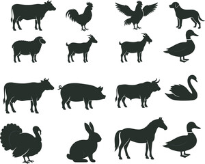 Fototapeta premium Farm and domestic animal silhouette collection featuring cow, bull, goat, sheep, pig, horse, rabbit, duck, swan, turkey, and dog for logo and design use