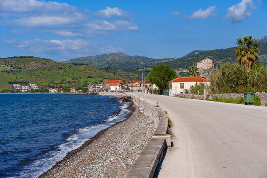 Scenic Coastal Road and Pebble Beach in Petra Village on Lesvos, Greece