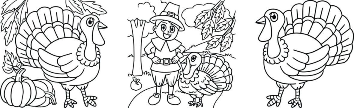 Cute turkey bird vector set for Thanksgiving holiday designs. Cartoon turkey characters with outline style isolated for autumn festive graphics.
