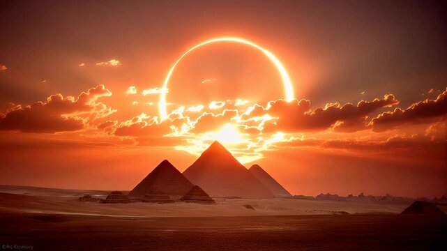 Eclipse, fantasy, mysterious, supernatural. A vivid digital artwork depicts a dramatic sunset over the pyramids of Giza. The sky is ablaze with fiery oranges, reds, and yellows, with a large.