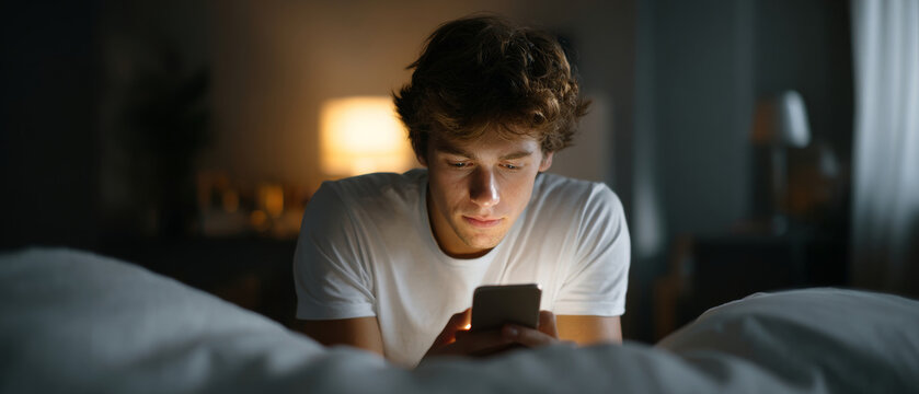 Young man lying in bed at night using smartphone with focused expression in dimly lit bedroom environment