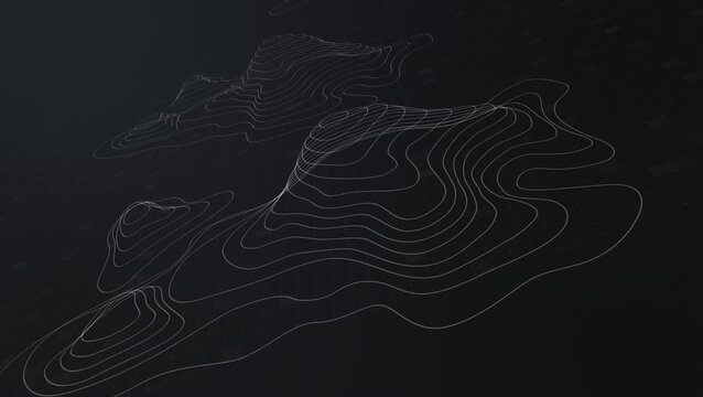 Futuristic digital topographic map with glowing neon contour lines, abstract 3D terrain visualization, modern data technology and cyber landscape concept