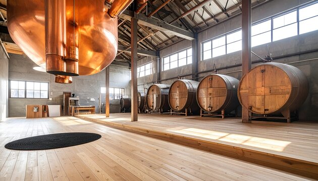 Copper distillery stills inside building with wooden barrels, flooring, and windows
