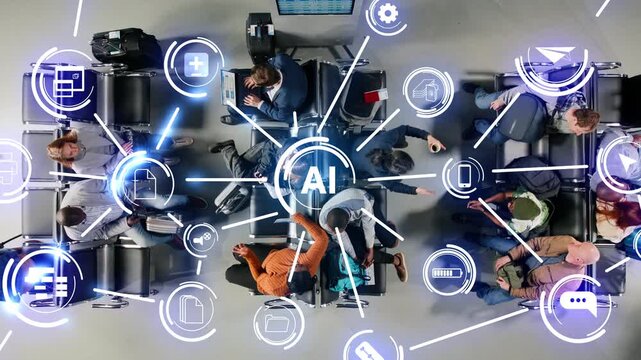 Optimizing airport operations, AI technology VFX, and top down view of travelers sitting. Predictive passenger flow management, smart airport terminal and machine learning