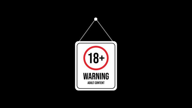 Animated 18 plus warning sign isolated on transparent background. Ideal for age restriction, adult content alerts, mature audience notices, sensitive media, and censorship projects.