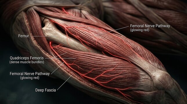 Detailed 3D medical illustration of human thigh muscles, femur bone, and glowing red femoral nerve pathway