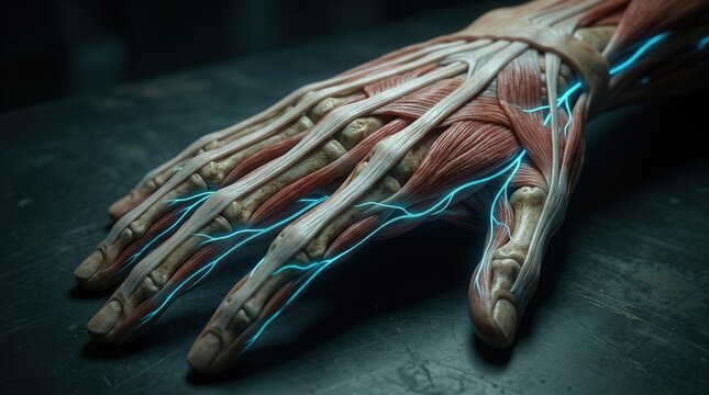 Anatomical Illustration of Human Hand with Glowing Blue Nerves and Muscles