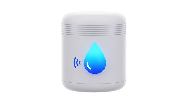 Smart water leak detector sensor for home safety with blue glowing water drop icon