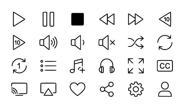 Media Player Interface Vector Illustration Including Play, Pause, Stop, Forward, Rewind, Shuffle, Repeat, and Volume Controls for Music Apps, UI, and Stock Designs
