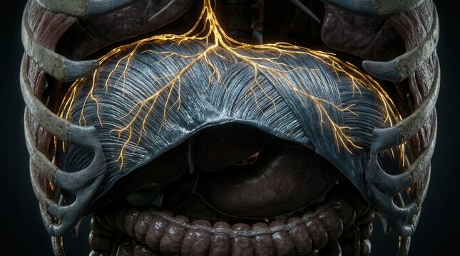 Close-up of the human diaphragm with glowing yellow nerves and rib cage, showing internal organs below