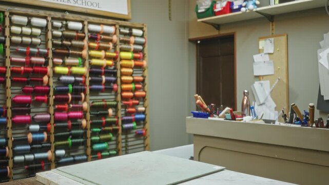Tailoring shop interior with sewing counter and colorful thread rack, soft defocused bokeh background; background backdrop copyspace.