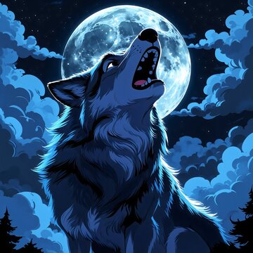 A majestic wolf howls at a luminous full moon against a backdrop of dramatic, cloudy night sky, evoking primal instincts and the wild unknown.