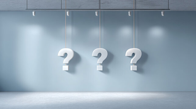 3D illustration of three hanging white question marks suspended by thin wires in front of an isolated primary blue wall, soft studio lighting casts crisp shadows on the textured surface, shallow 