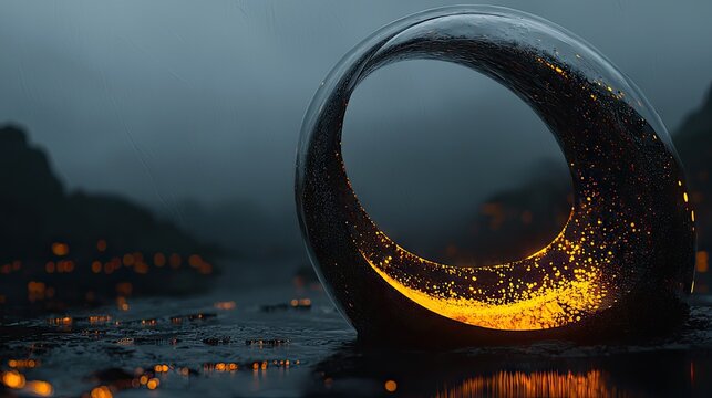 Dark abstract object glowing with internal embers rests near a watery expanse under a gloomy sky.