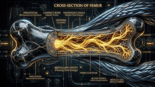 Cross-section of Femur with Futuristic Biomechanical and Energy Flow Visualization
