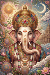 Fototapeta premium Sacred Lord Ganesha Sitting Gracefully in Divine Celestial Temple