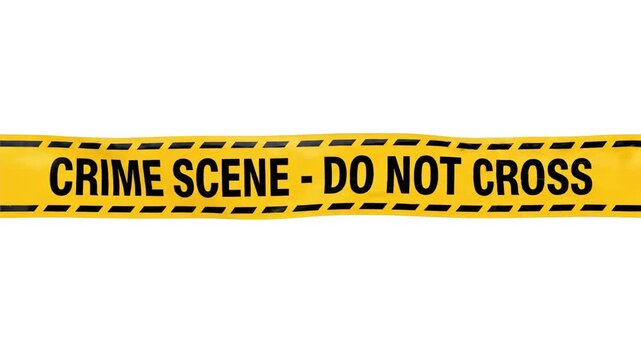 Animated yellow caution tape featuring "CRIME SCENE - DO NOT CROSS" bold text stretching horizontally across a white background. Ideal for forensic reports, crime news overlays, documentary scenes, my