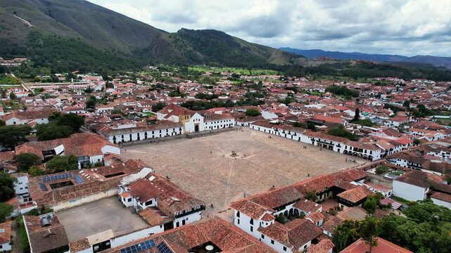 Aerial View of the Historic Church of Our Lady of the Rosary in Villa de Leyva Plaza