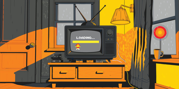 Retro gaming setup with a vintage television displaying a loading screen in a cozy room
