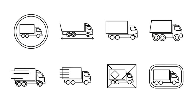 Set of delivery truck line icons for logistics and shipping services