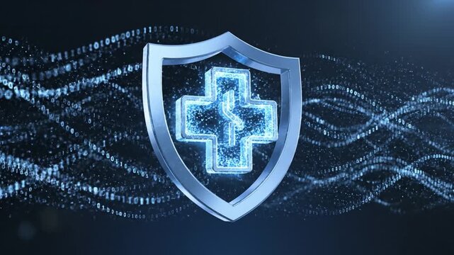 Digital shield medical cross health protection data security cyber defense glowing symbol blue background binary code network abstract wave shield health care safety secure digital cyber defense data