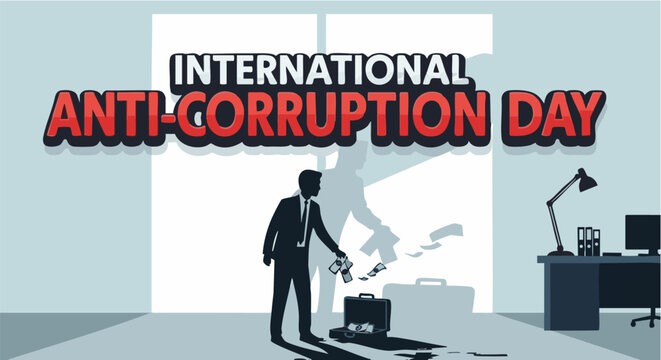 Businessman hiding bribe money in briefcase for international anti corruption day awareness campaigns with dramatic shadow in blue light vector graphic 