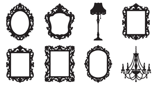 Vintage ornate frame silhouettes set, antique baroque mirror borders, black victorian interior decor elements with chandelier and floor lamp, 8 vector icons