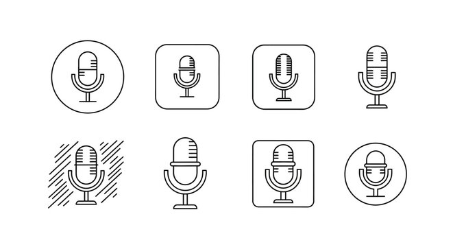 Set of eight minimalist microphone icons, line art style for audio media