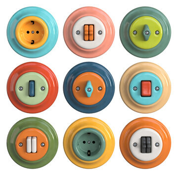 Vintage retro style ceramic multi colored switch. and sockets.