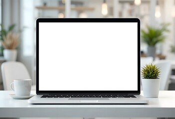 Fototapeta premium Modern laptop with a blank white screen on a clean desk in a contemporary office setting, perfect for digital design display, website mockups, and remote work themes