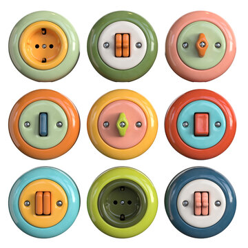 Vintage retro style ceramic multi colored switch. and sockets.