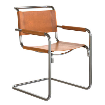 Modern retro vintage armchair with brown leather seat and metal frame